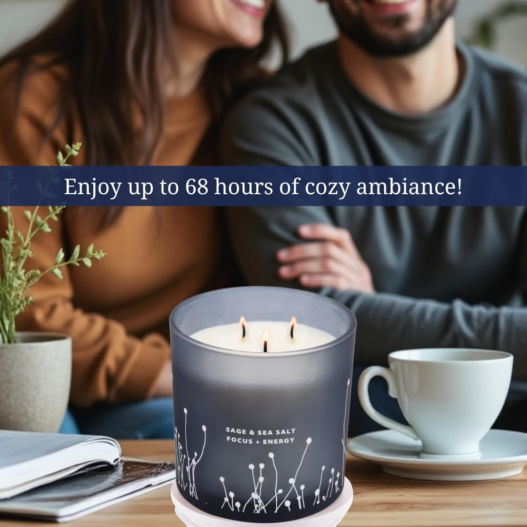 White Sage Sea Salt 3 Wick Candle - Large Soy Scented Candle 14.5 Oz - Sage Candle for Cleansing House - Aromatherapy Energy Cleansing Sage Scented Candles for Women & Men