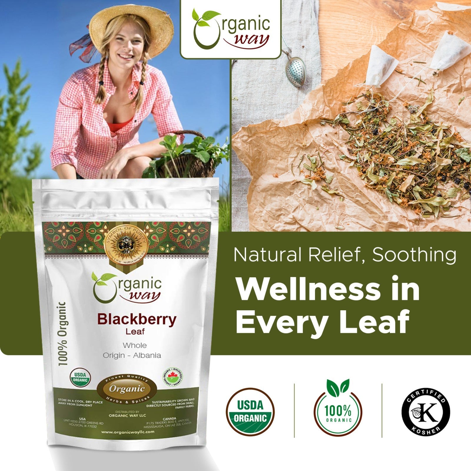 Organic Way Blackberry Leaf Whole - Herbal Tea | Kosher & USDA Certified