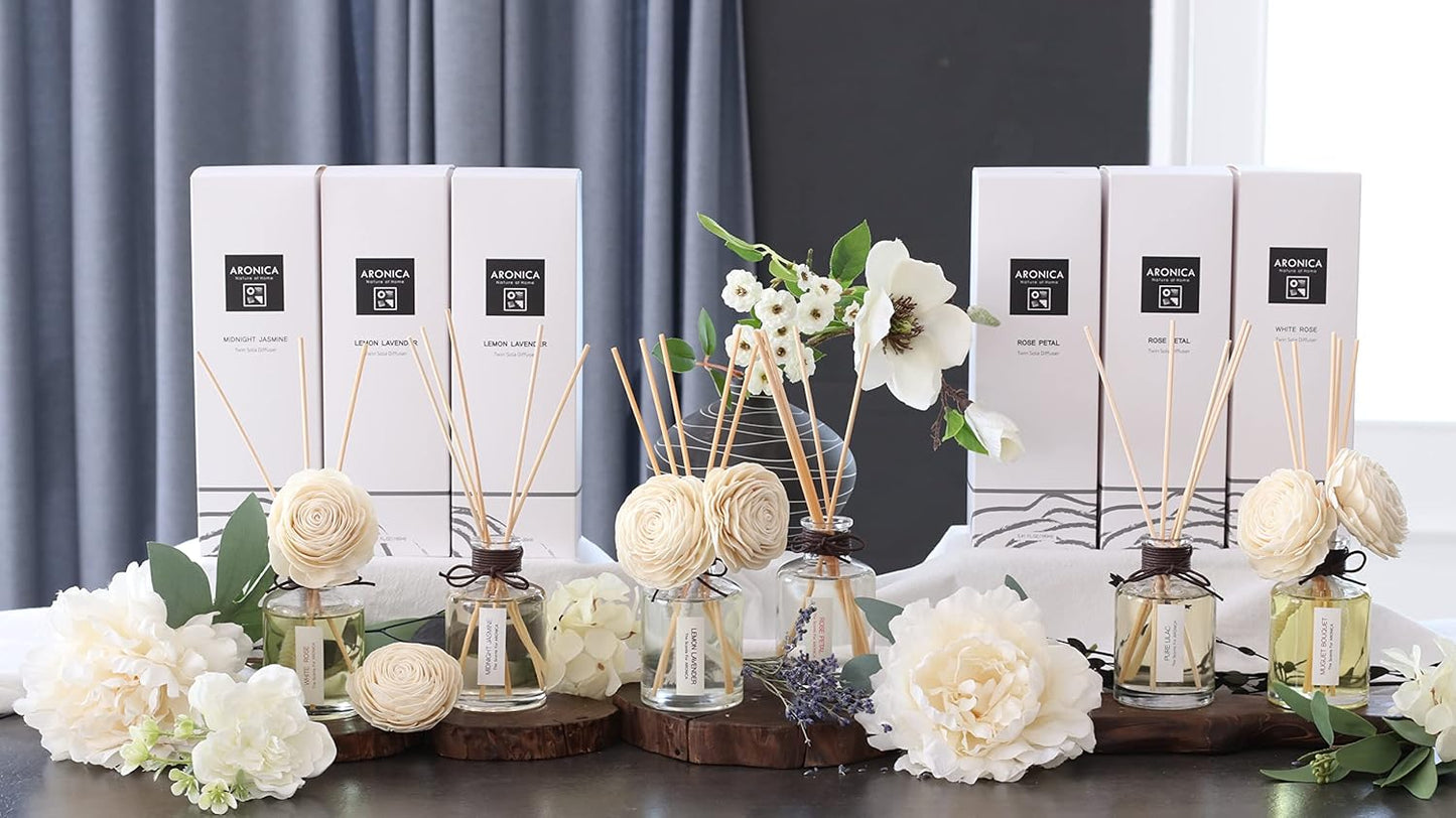 Twin Sola Diffuser - Midnight Jasmine Fragrance, 160Ml / 5.41 Floz, Bedroom Nightstand Table Top Deor, Jasmine Essential Oil Defusser with Flower, Bathroom Counter Decor, Apartment Entryway