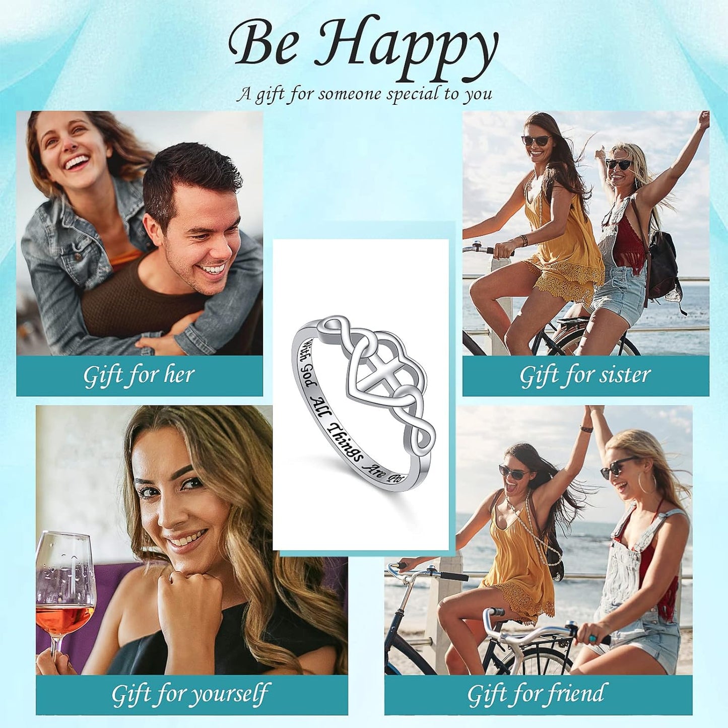 S925 Sterling Silver Christian Cross Heart Inspirational Faith Bible Verse Necklace & Rinags for Women Teen Jewelry