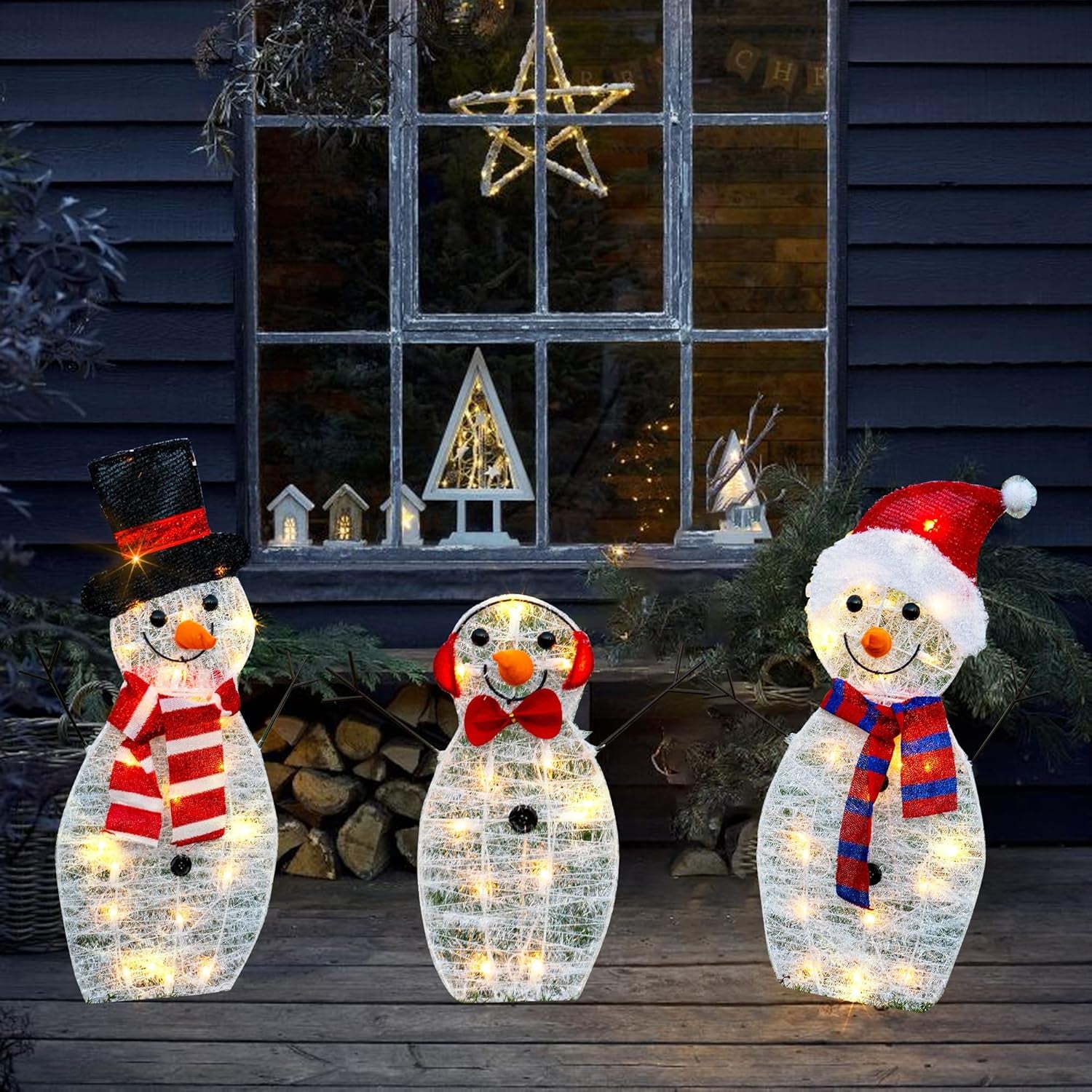 Large 3-Piece Lighted Snowman Family Decoration for Outdoor Holiday Decor