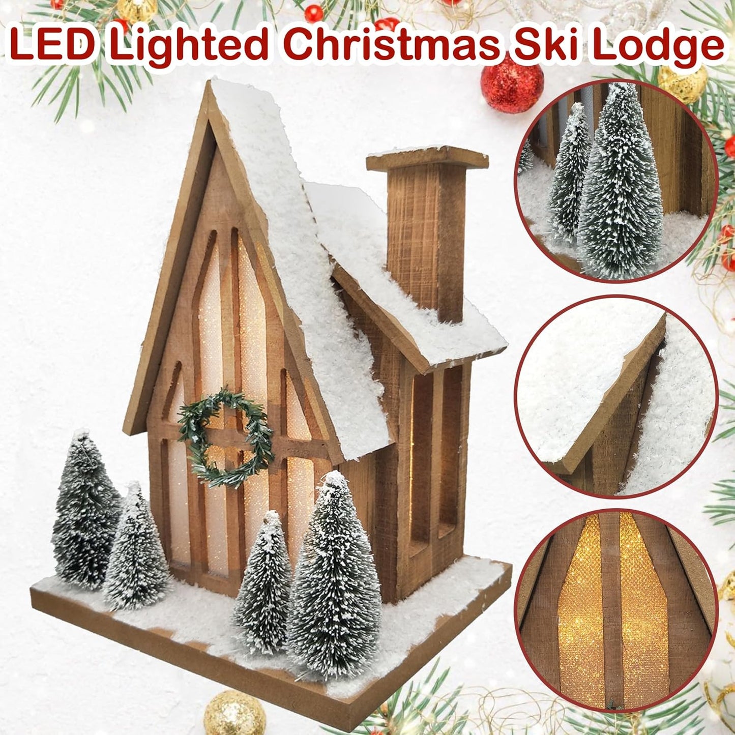 LED Lighted Christmas Village Ski Lodge with Timer - Rustic Holiday Decor