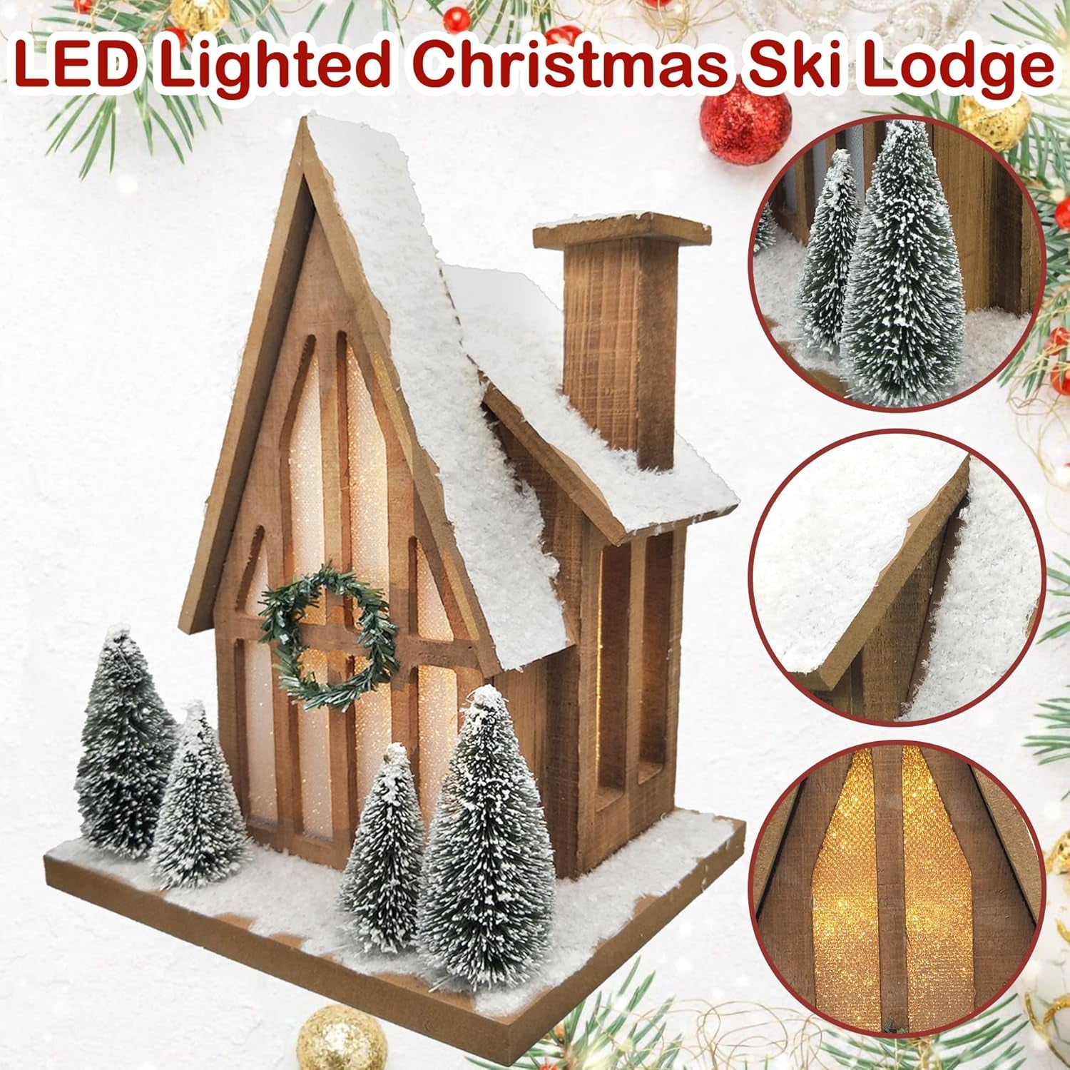 LED Lighted Christmas Village Ski Lodge with Timer - Rustic Holiday Decor