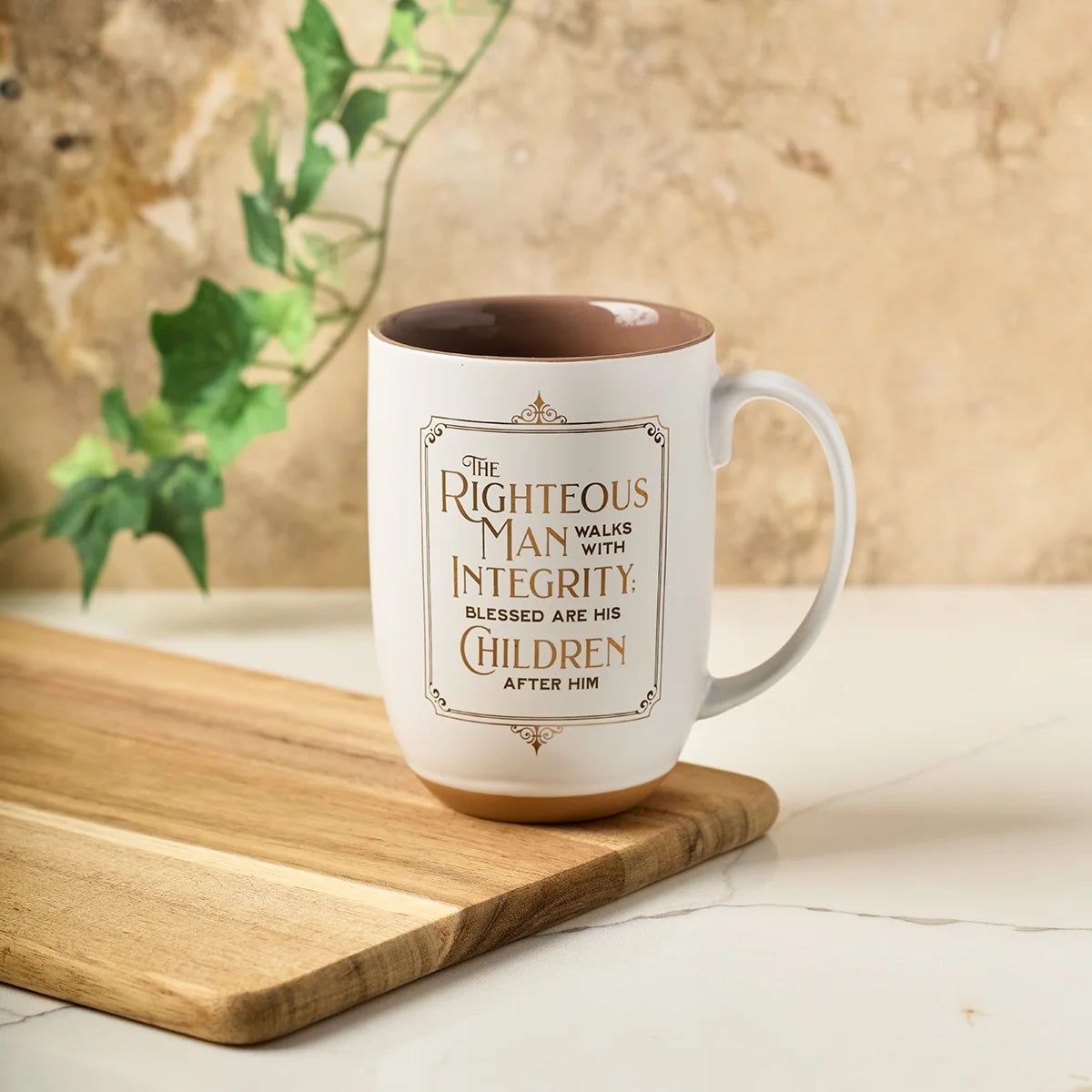Large Ceramic Coffee & Tea Scripture Mug for Men: Righteous Man - Proverbs 20:7 Inspirational Bible Verse, Non-Toxic/Lead-Free Cup W/Clay Base & Gold Accents, White/Brown, 15 Oz.