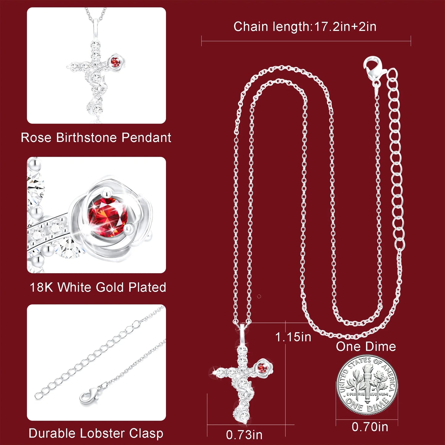 18K White Gold Plated Rose Cross Necklaces for Women Girls S925 Sterling Silver April Birthstone Pendant with Crystal Birthday Valentines Day Jewelry Gifts Teen Her Adults Kids Ideas Age