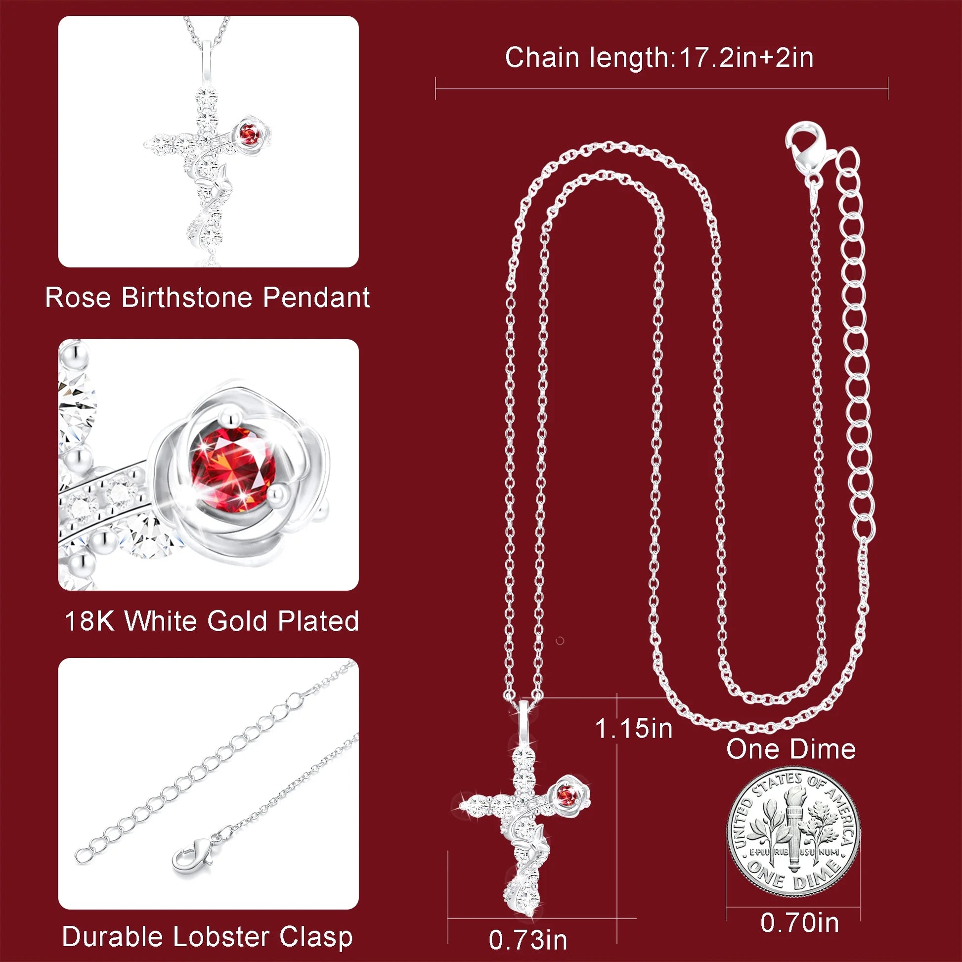 18K White Gold Plated Rose Cross Necklaces for Women Girls S925 Sterling Silver April Birthstone Pendant with Crystal Birthday Valentines Day Jewelry Gifts Teen Her Adults Kids Ideas Age