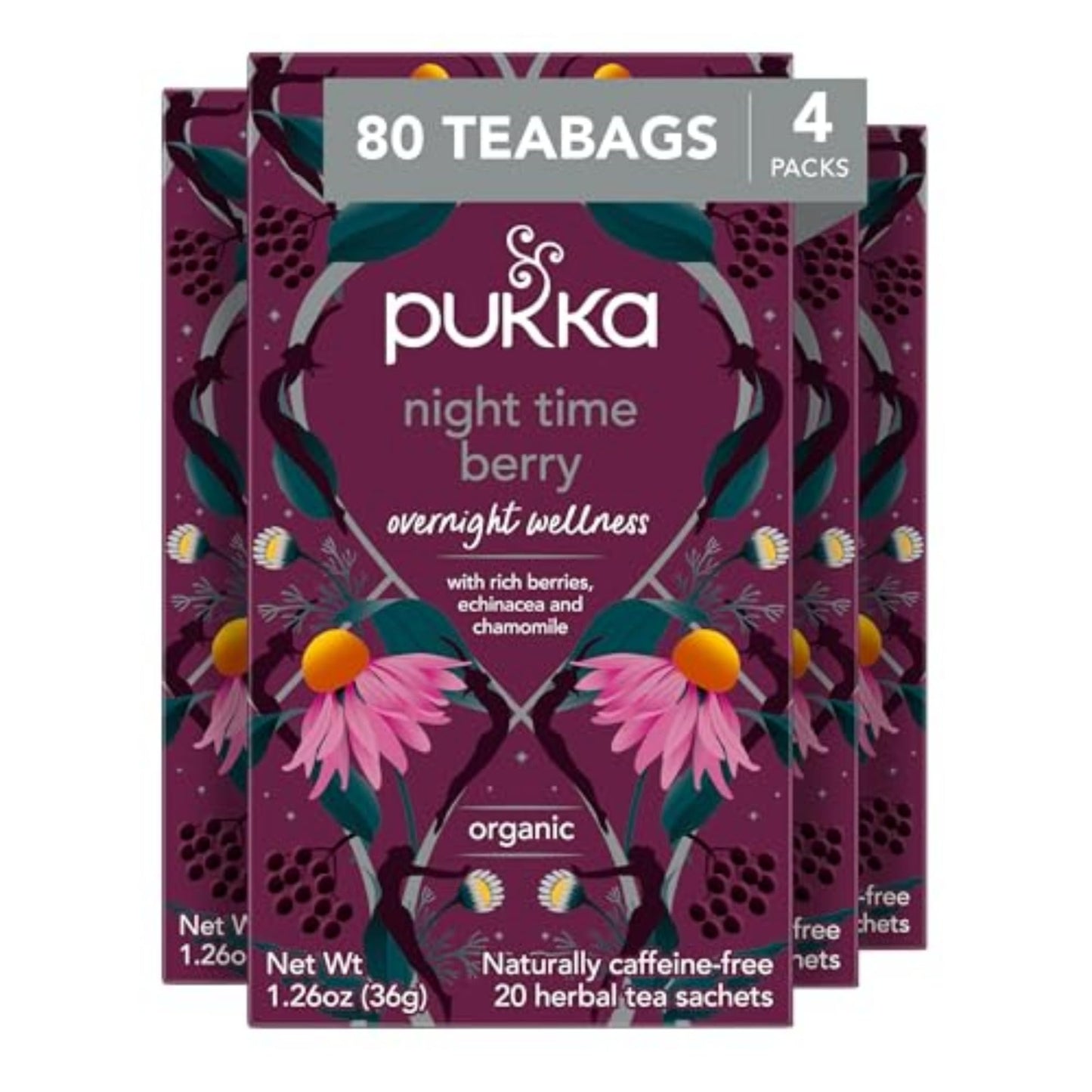 Pukka Night Time Berry Herbal Tea 4 Pack Organic Wellness 20 Bags Each