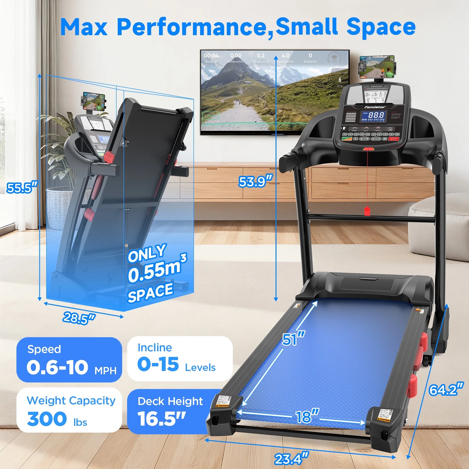 5.0HP Folding Treadmill for Home with 15 Auto Incline, Smart APP, 300Lbs, Hifi Bluetooth Speakers, 64 Programs, 10MPH Speed, Foldable Electric Treadmill Running Machine, Knee Strap Gift