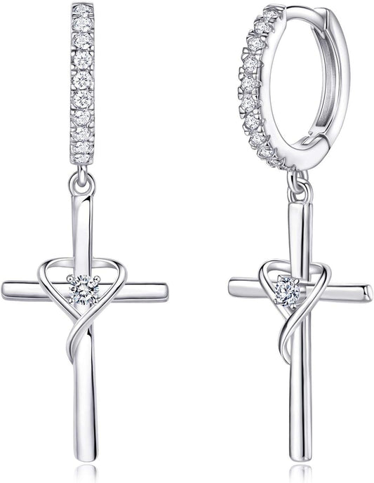 925 Sterling Silver Earrings for Women 14K Gold Plated Earrings Birthstone Heart Earring Dangle Cross Earring for Easter or Birthday