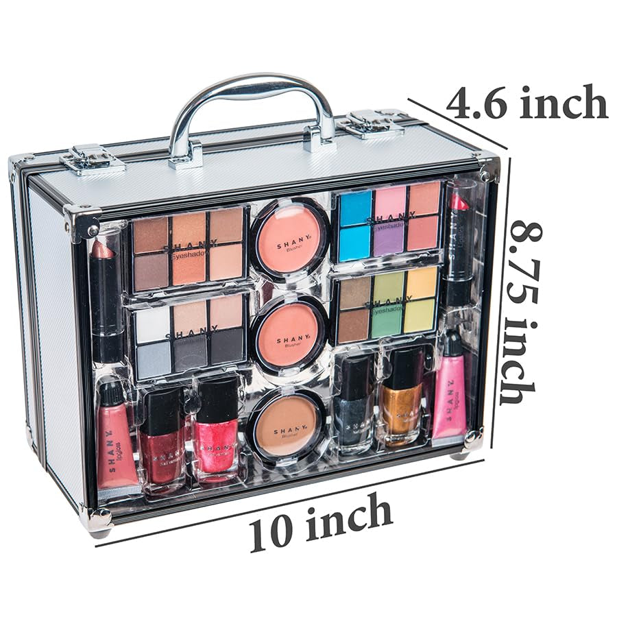 Carry All Trunk Makeup Train Case with Re-Usable Aluminum Beauty Storage Organizer Case. Make up Set with Eye Palettes, Blushes,Face Powders, Manicure, Pedicure and Cosmetics Brushes. GIFT SET