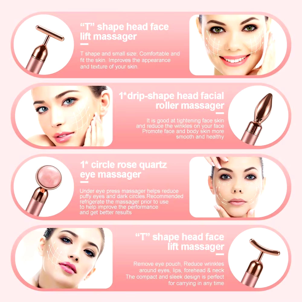 4 in 1 Vibrating Rose Quartz Roller Face Roller Eye Massager Jade Roller T/V Shaped Face Lifting Slimming Beauty Care Massager