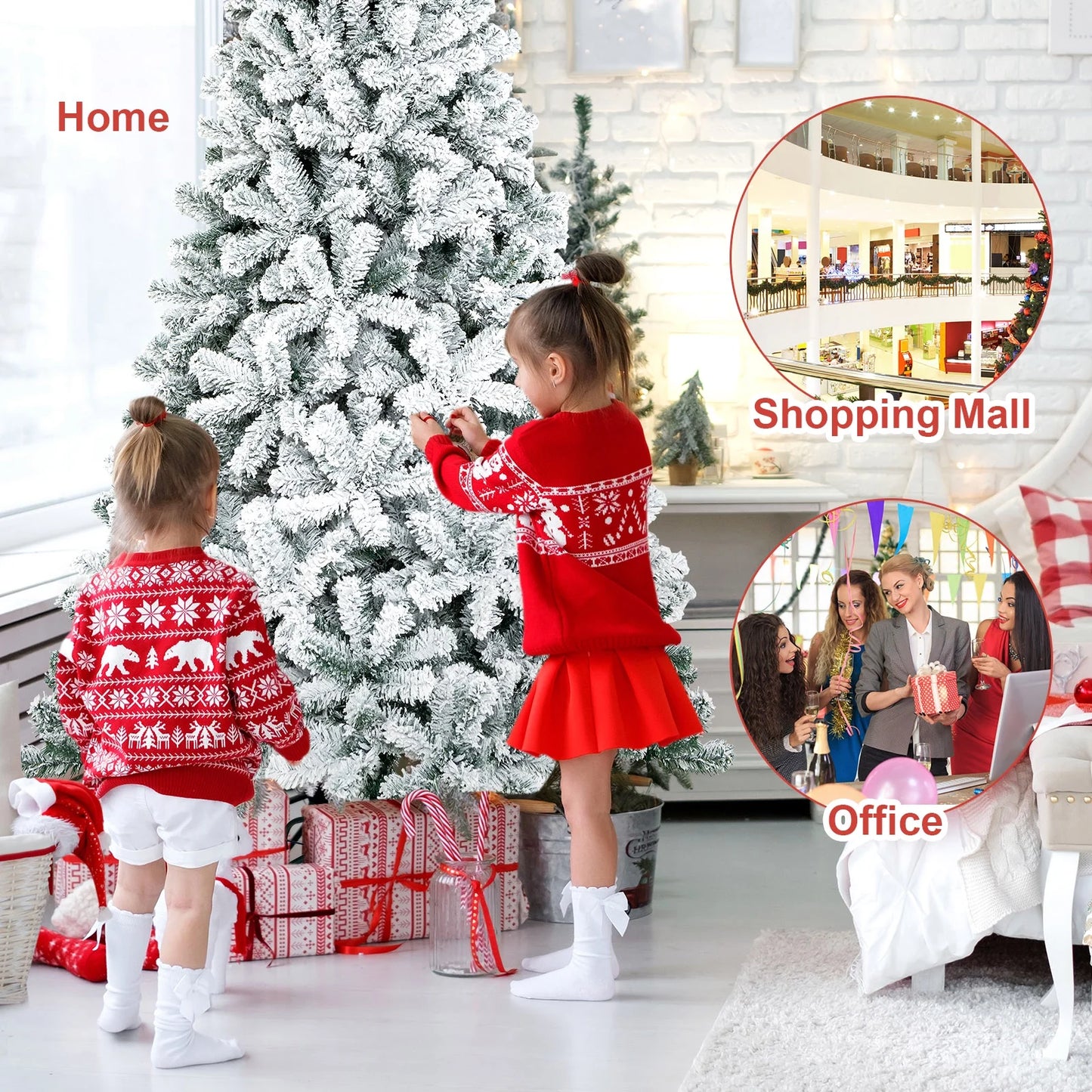 7.5Ft Snow Flocked Hinged Artificial Christmas Tree Unlit Holiday Decor