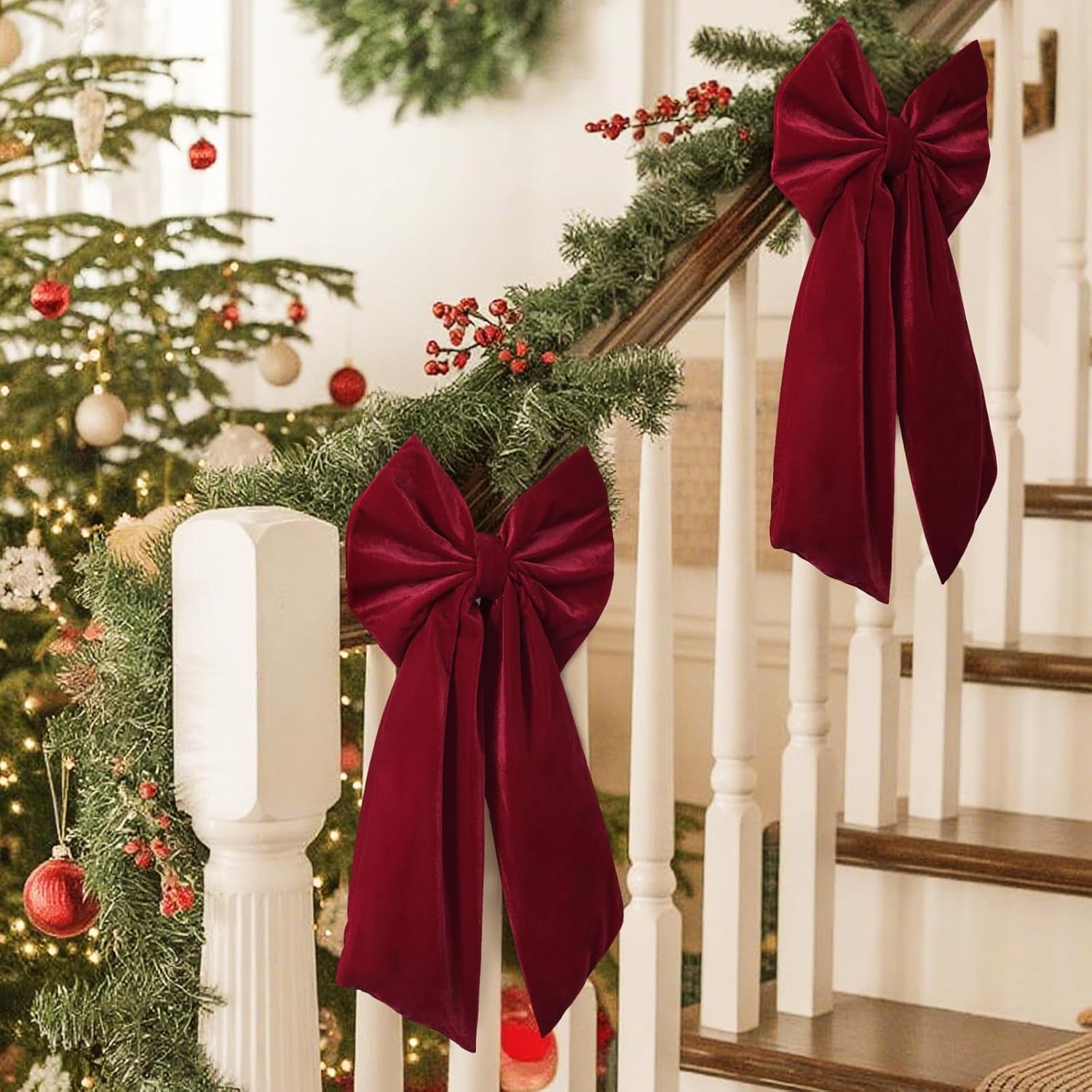 Large Red Velvet Christmas Tree Topper Bow - Indoor/Outdoor Holiday Decor