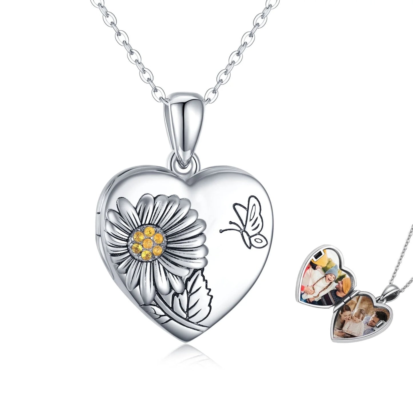 Heart Sunflower Locket Necklace 925 Sterling Silver Sunflower Butterfly Locket Necklace That Hold 2 Photos Locket Jewelry Gift for Women