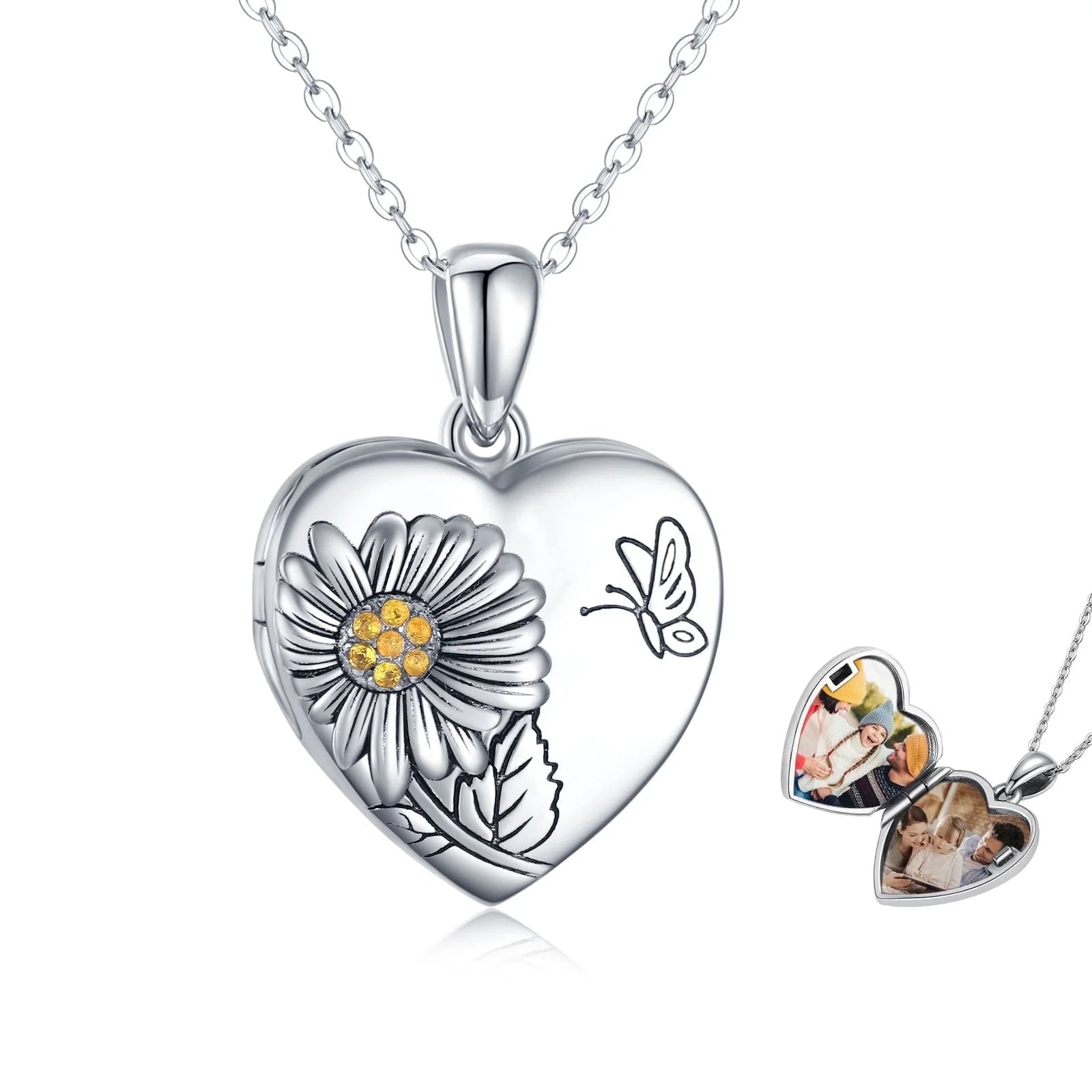 Heart Sunflower Locket Necklace 925 Sterling Silver Sunflower Butterfly Locket Necklace That Hold 2 Photos Locket Jewelry Gift for Women