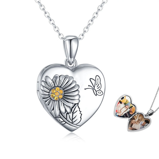 Heart Sunflower Locket Necklace 925 Sterling Silver Sunflower Butterfly Locket Necklace That Hold 2 Photos Locket Jewelry Gift for Women