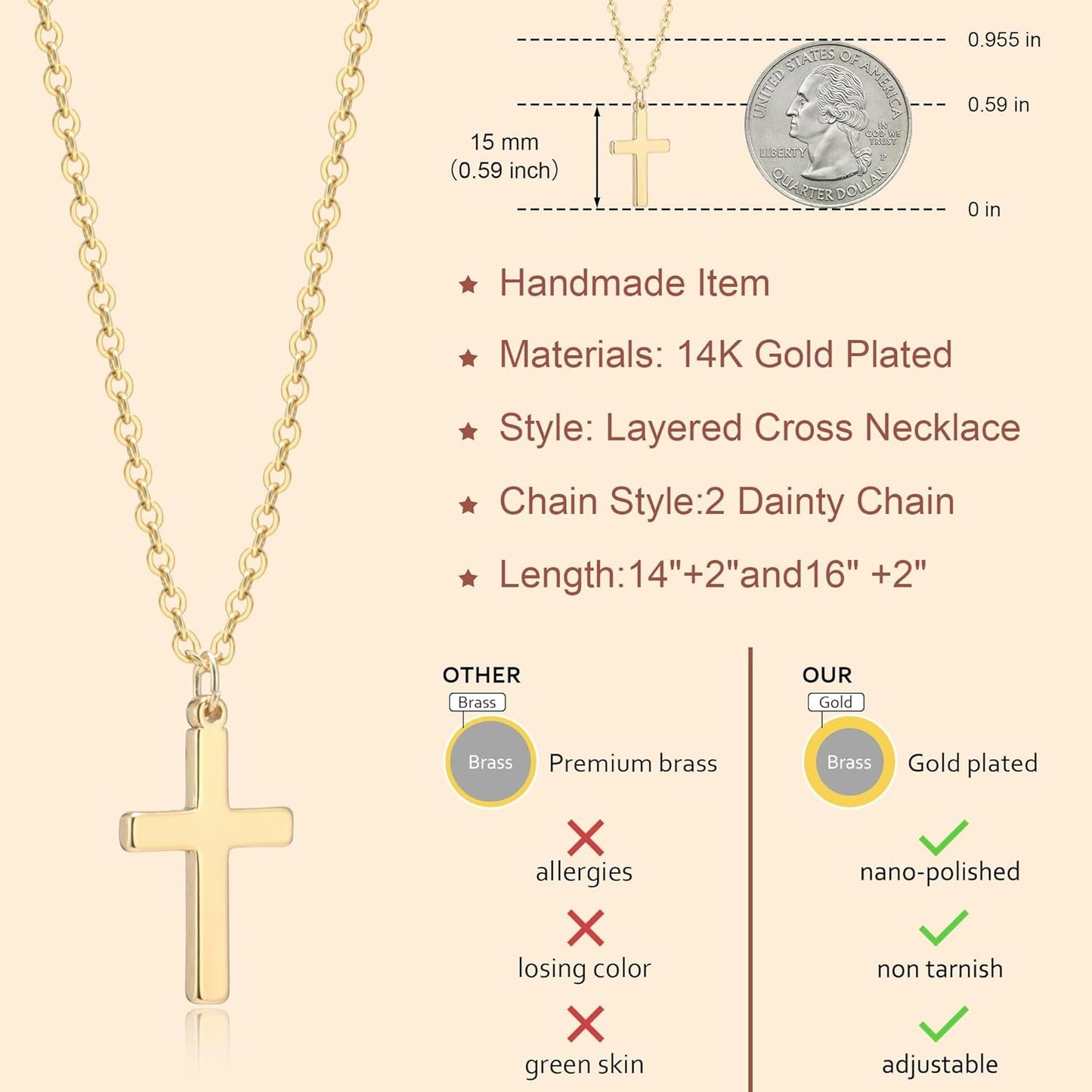 Layered Cross Necklace for Women,14K Gold Plated/Sterlin