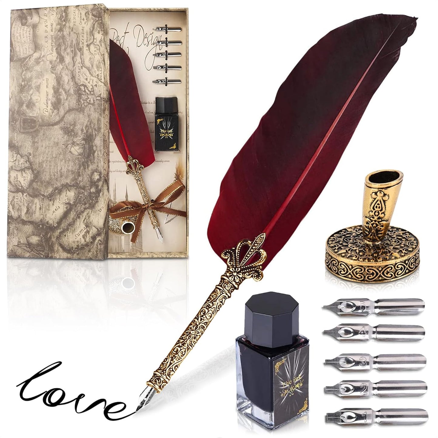 Feather Quill Pen and Ink Set - Calligraphy Dip Pen Antique Feather Pen Set