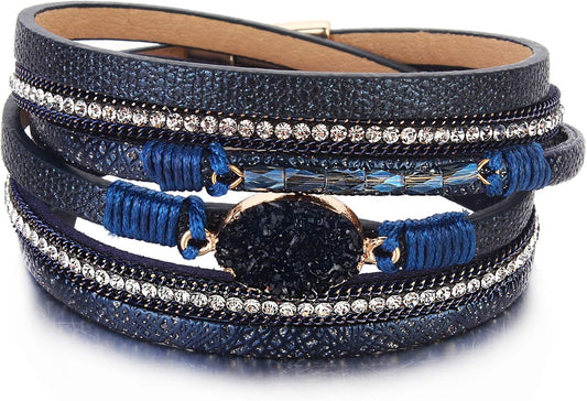 Leather Wrap Bracelet Boho Cuff Bangle Bracelets Crystal Bead Bracelet with Magnetic Clasp Jewelry Gifts for Women