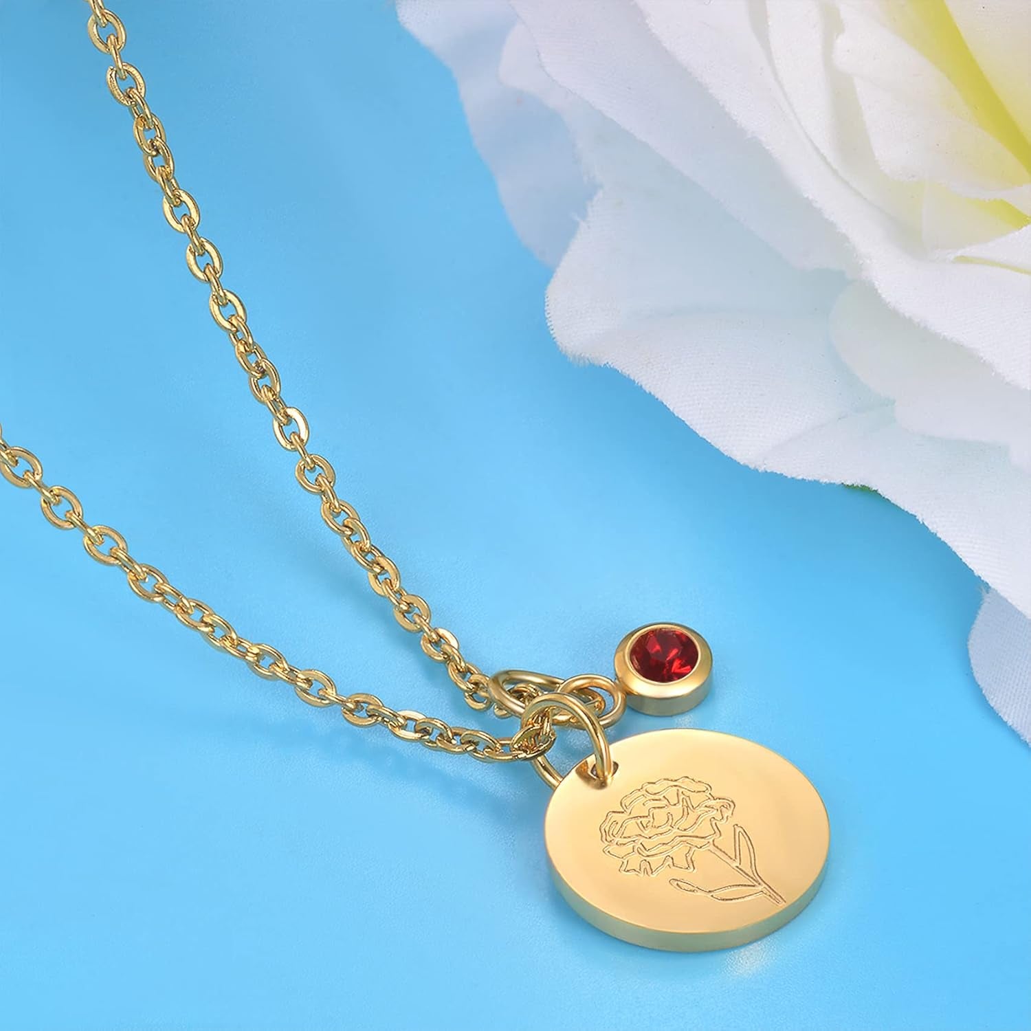 Birthday Gifts for Her Birth Flower Necklaces, 18K Gold Plated Dainty Birth Month Floral Birthstone Disc Coin Pendant Necklaces | Women Wildflower Jewelry Gifts for Valentines Anniversary