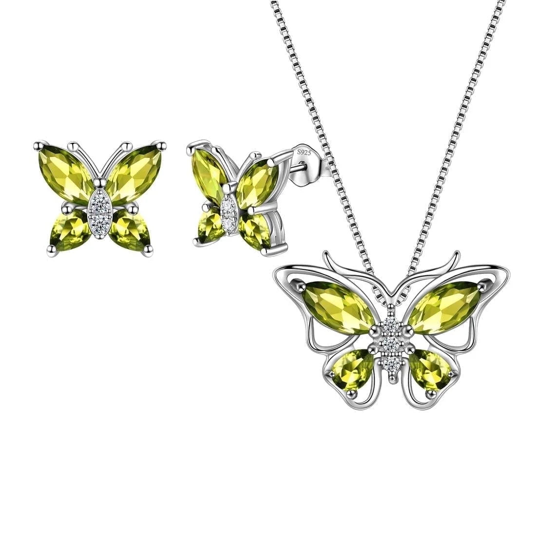 Green Butterfly Jewelry Peridot August Birthstone Jewelry Set Fine Necklace/Earrings 925 Sterling Silver Birthday Mother'S Day Gifts for Women