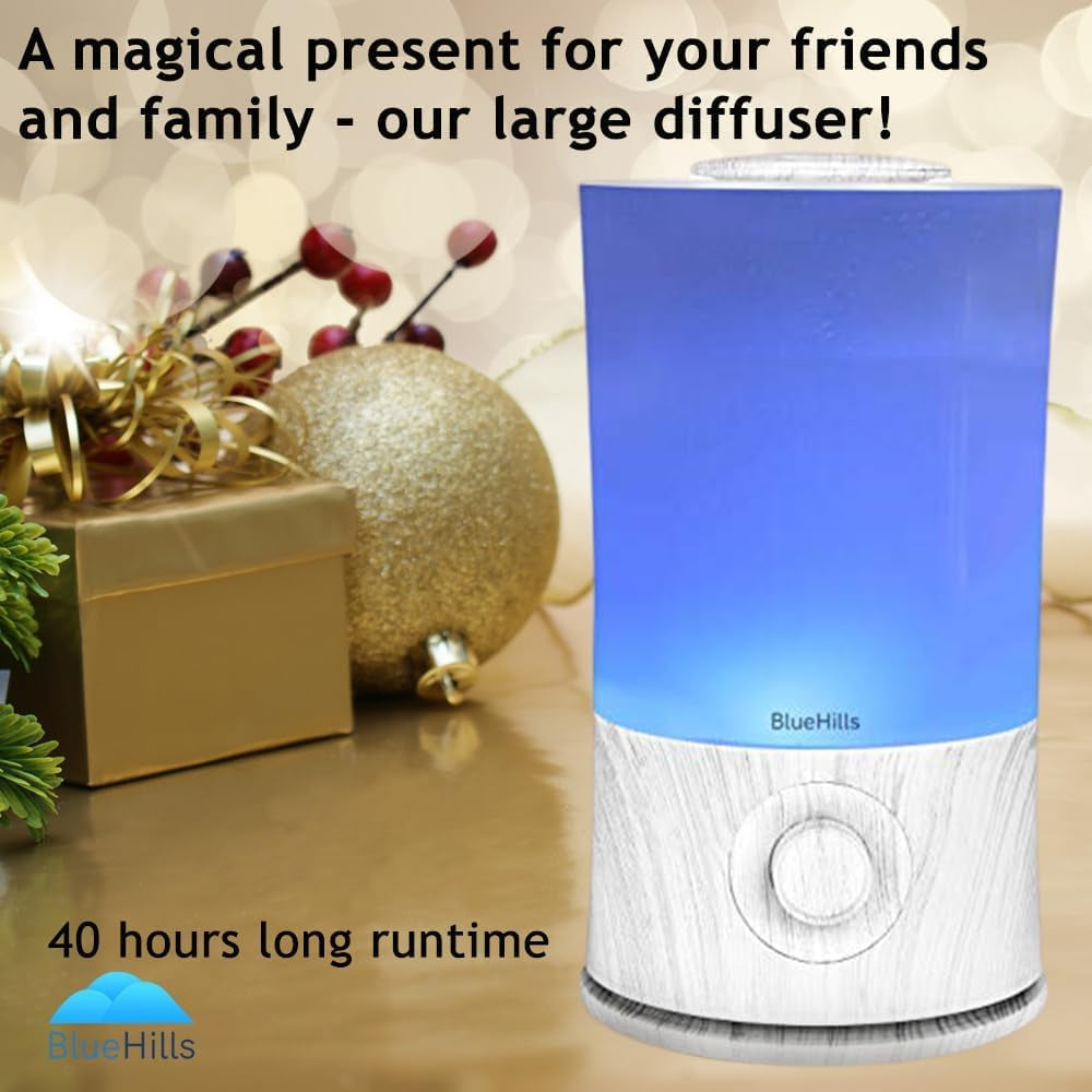 Premium 2000 ML XL Large Essential Oil Diffuser Aromatherapy Humidifier for Large Room Home 40 Hour Run Huge Coverage Area Lights 2 Liter Extra Large Capacity Diffuser White Wood Grain E004
