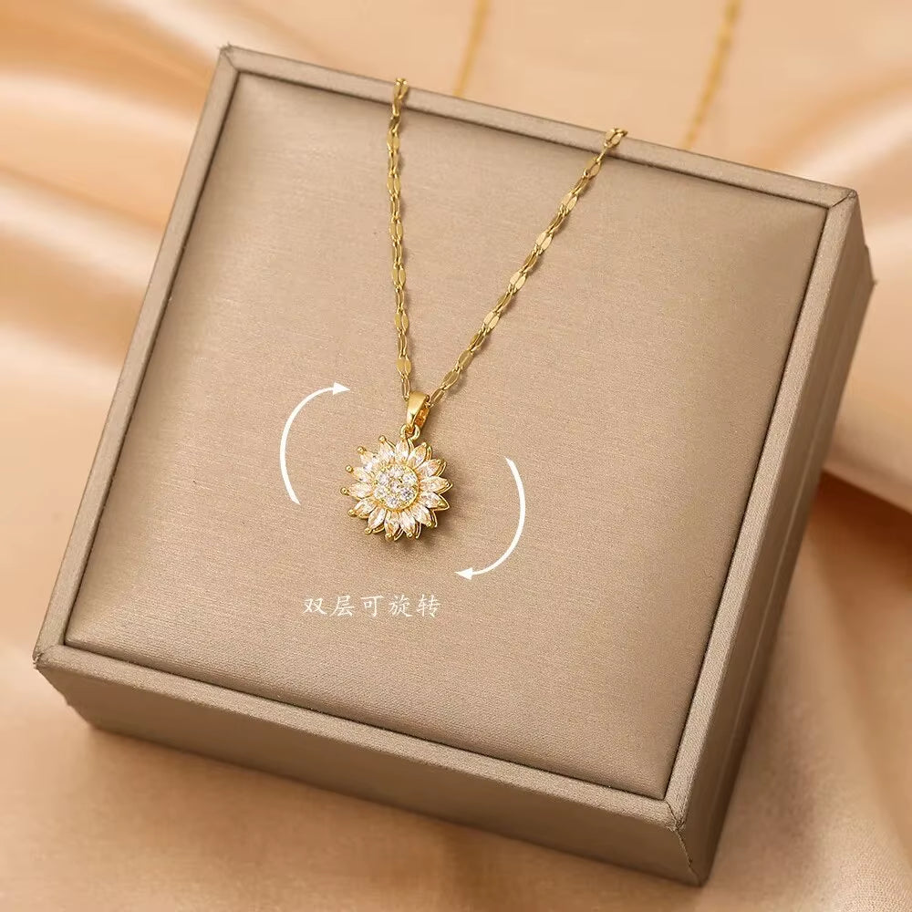 Trendy Rotation Spin Sunflower Stainless Steel Zircon Necklaces for Women Metal Crystal Necklace Party Birthday Gifts Jewelry