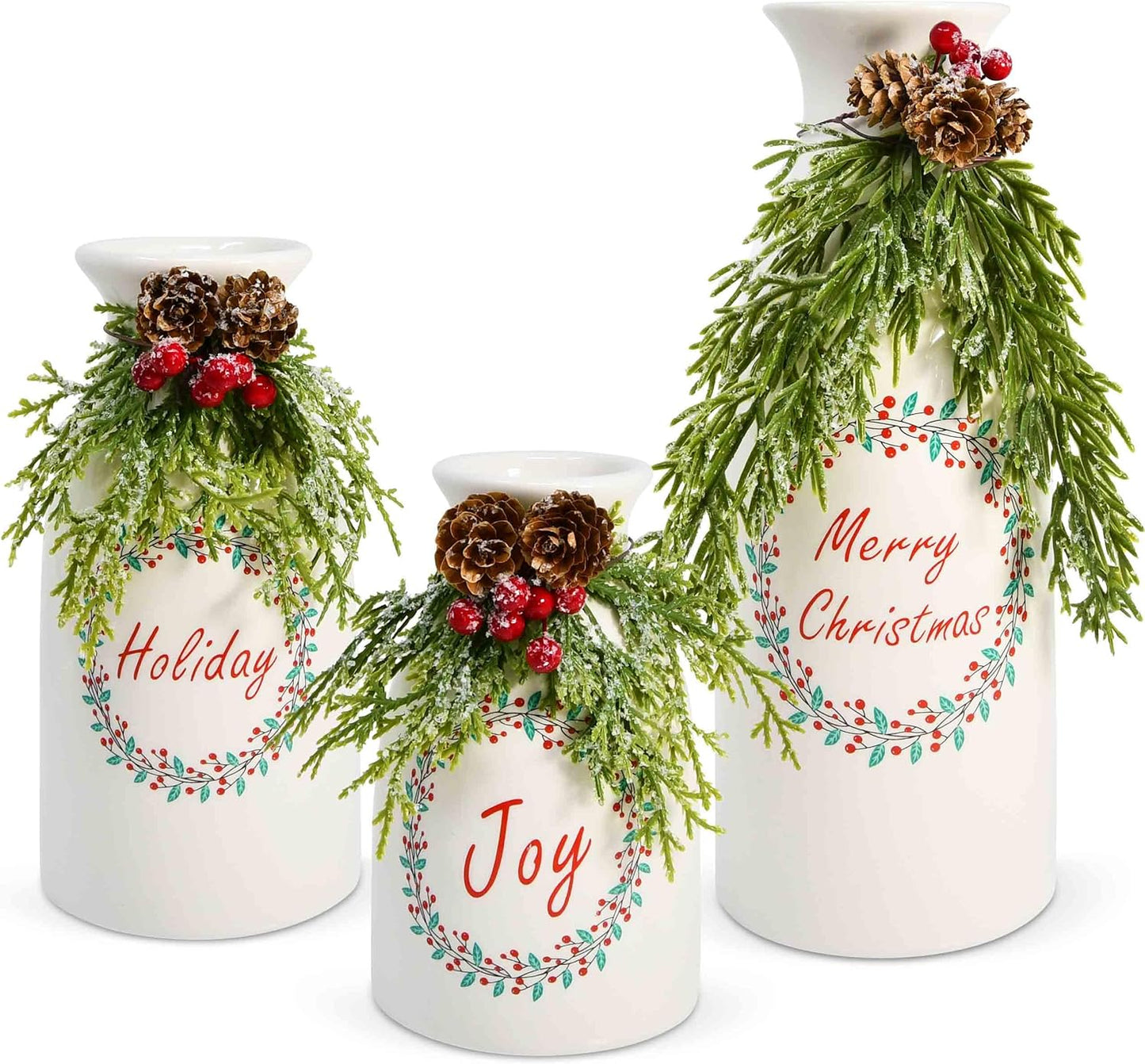 Set of 3 White Ceramic Christmas Vases with Artificial Holiday Decor