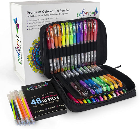Colorit Glitter Gel Pens for Adult Coloring – 96 Pack with 48 Premium Glitter Ge