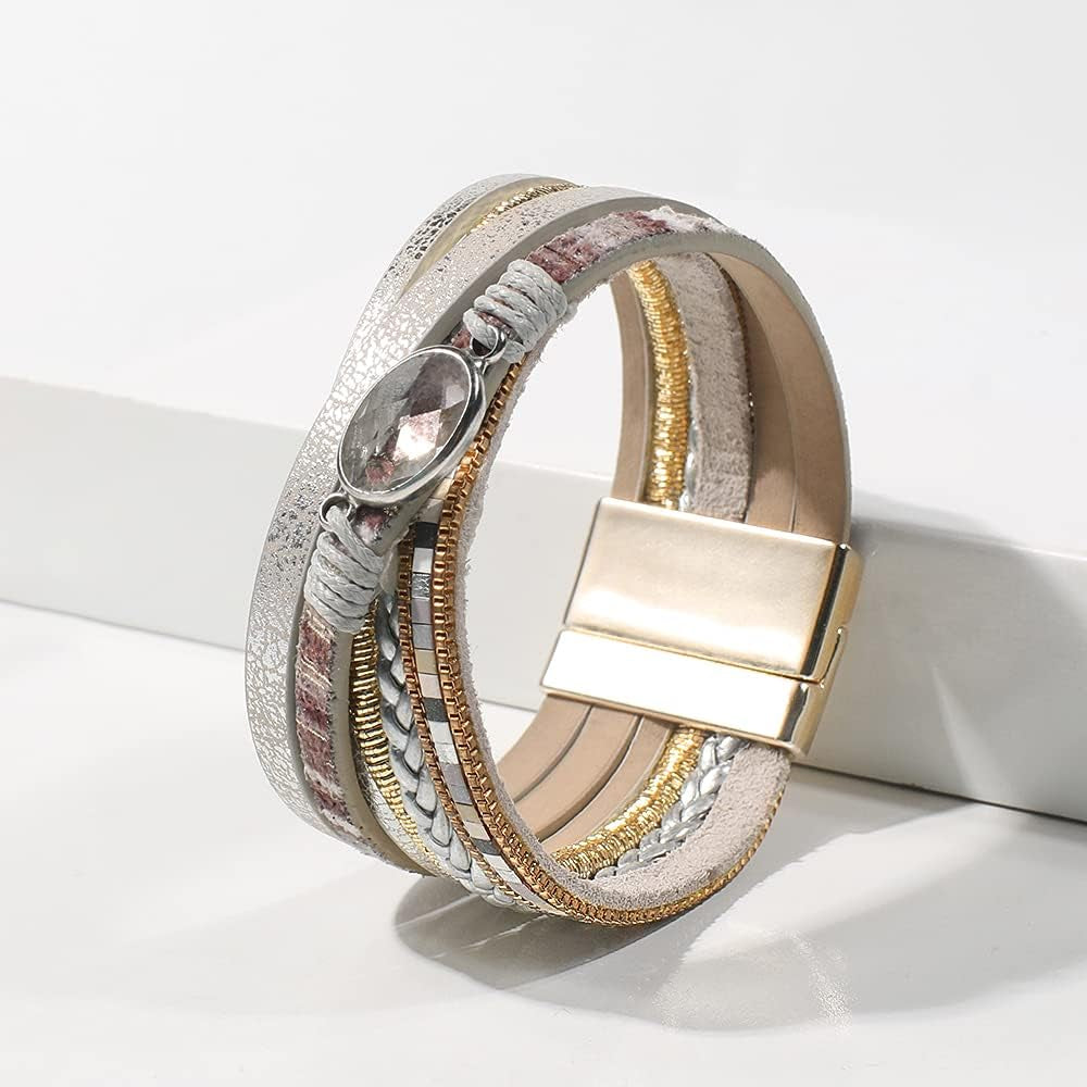 Leather Wrap Bracelet for Women - Multi-Layer Bracelets with Magnetic Clasp Bangle Cuff Stacked Bracelet for Lady and Mother