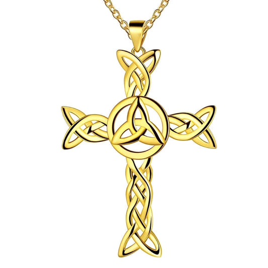 925 Sterling Silver 18K Gold Plated Celtic Cross Necklace for Women Men Trinity Triquetra Knot Pendant Necklace Irish Religious Jewelry Fathers Day Gift
