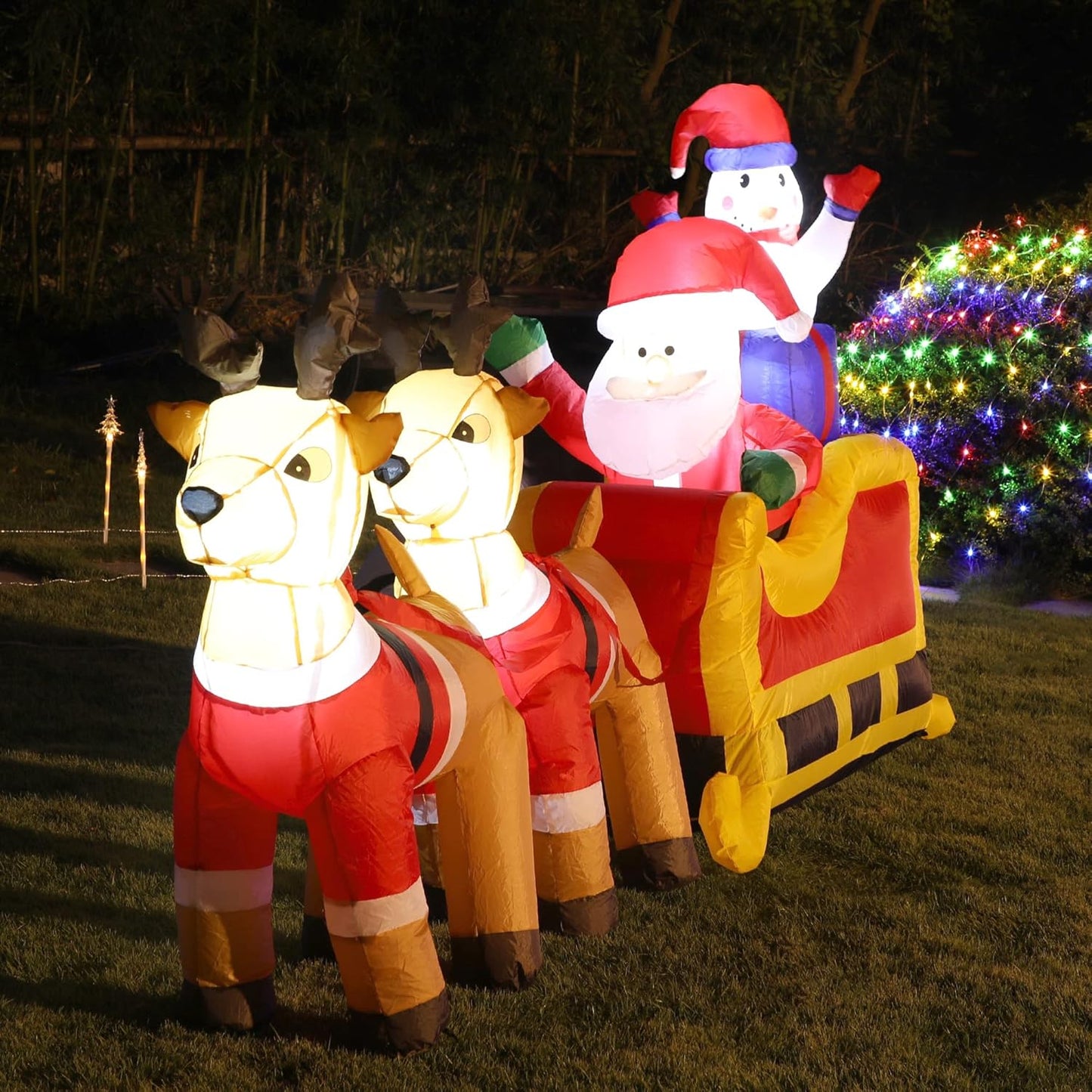 8Ft Inflatable Santa Claus & Snowman Sleigh with Reindeers for Holiday Decor