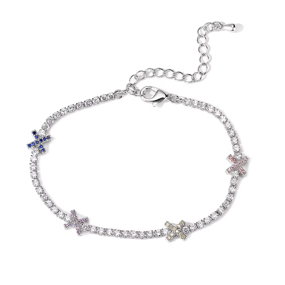 2Pcs Cross Design round Zircon CZ Tennis Bracelet for Women Simple White Gold Color Shiny Daily Stacked Bracelets