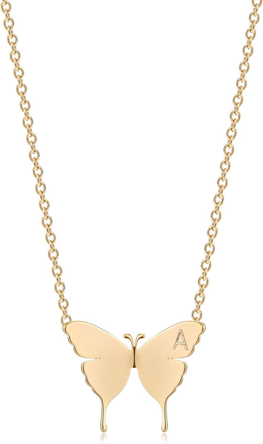 Gold Dainty Initial Necklace 18K Gold Plated Butterfly Pendant Name Necklaces Delicate Everyday Necklace for Women Minimalist Personalized Jewelry