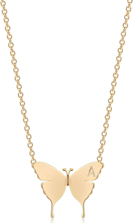 Gold Dainty Initial Necklace 18K Gold Plated Butterfly Pendant Name Necklaces Delicate Everyday Necklace for Women Minimalist Personalized Jewelry