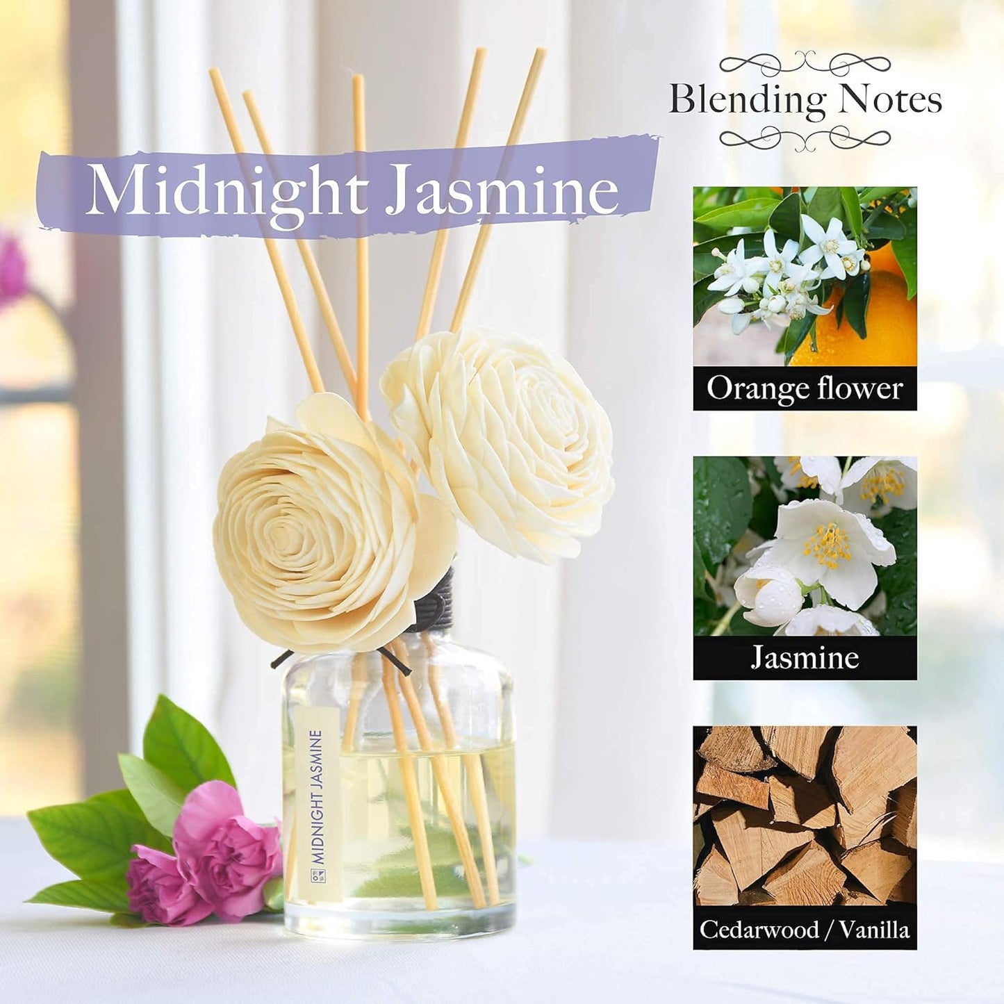 Twin Sola Diffuser - Midnight Jasmine Fragrance, 160Ml / 5.41 Floz, Bedroom Nightstand Table Top Deor, Jasmine Essential Oil Defusser with Flower, Bathroom Counter Decor, Apartment Entryway