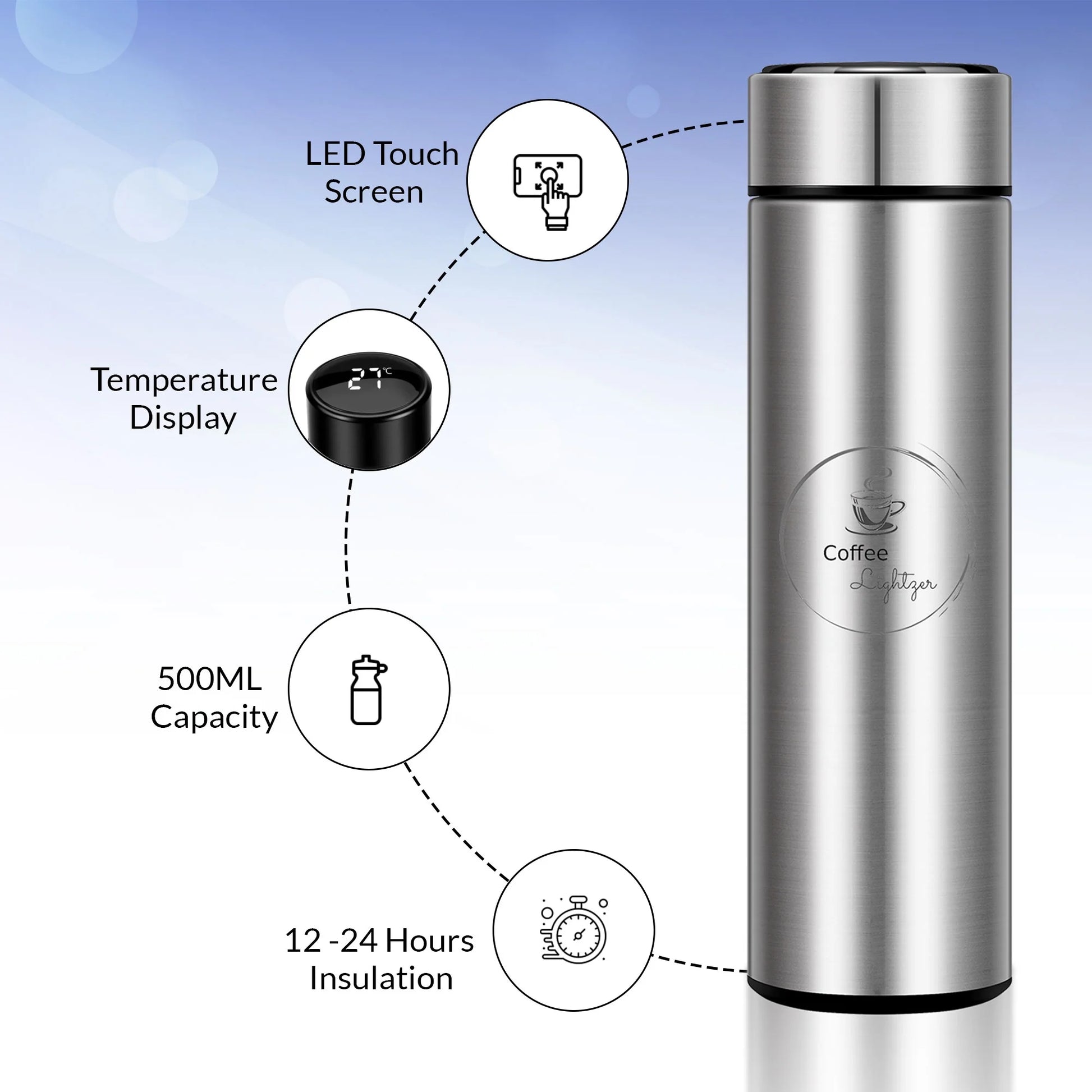 Smart Water Bottle 16.9 Oz with LCD Touch Screen Temperature Display Double Wall Vacuum Stainless Steel