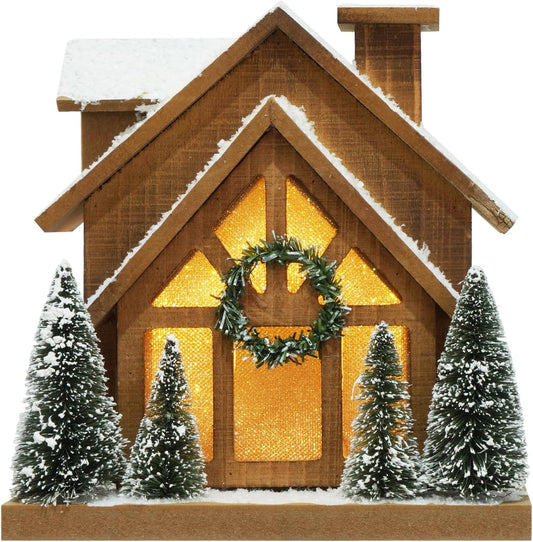 LED Wooden Snow Scene Christmas Village with Timer Rustic Holiday Decor