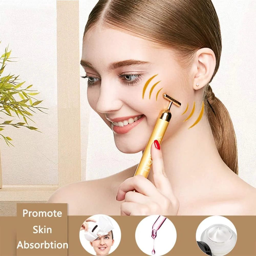 2-In-1 Electric Face Massage 24K Golden Facial Massager Device, 3D Roller and T Shape Facial Roller Massager Kit Metal Skin Care Tools,Anti-Wrinkles, Skin Tightening, Face Firming