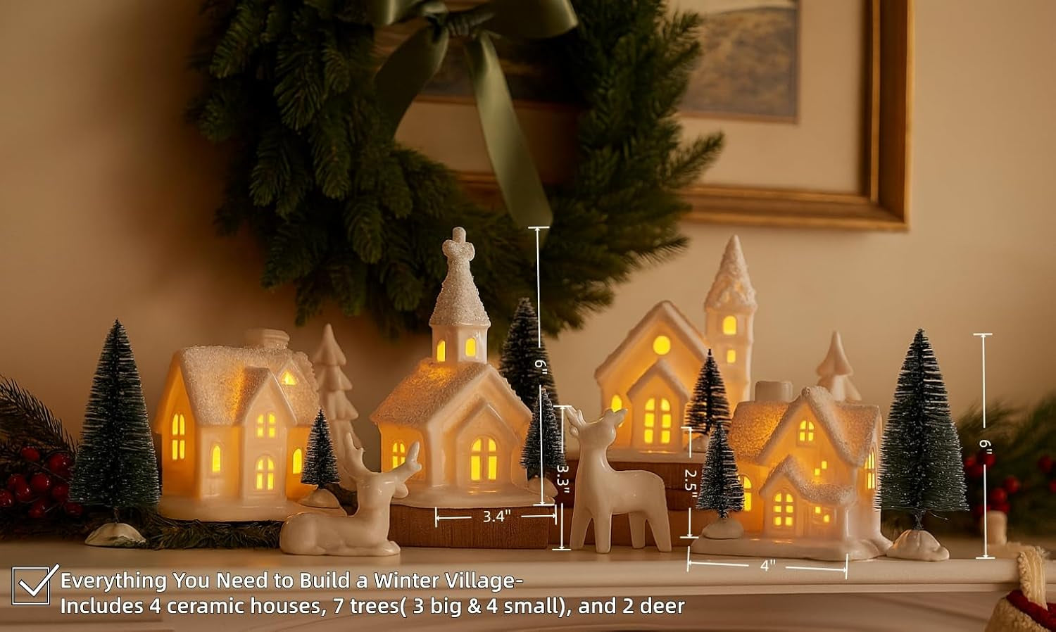 Ceramic Christmas Village Set - 13-Piece Holiday Decor with Trees & Deer