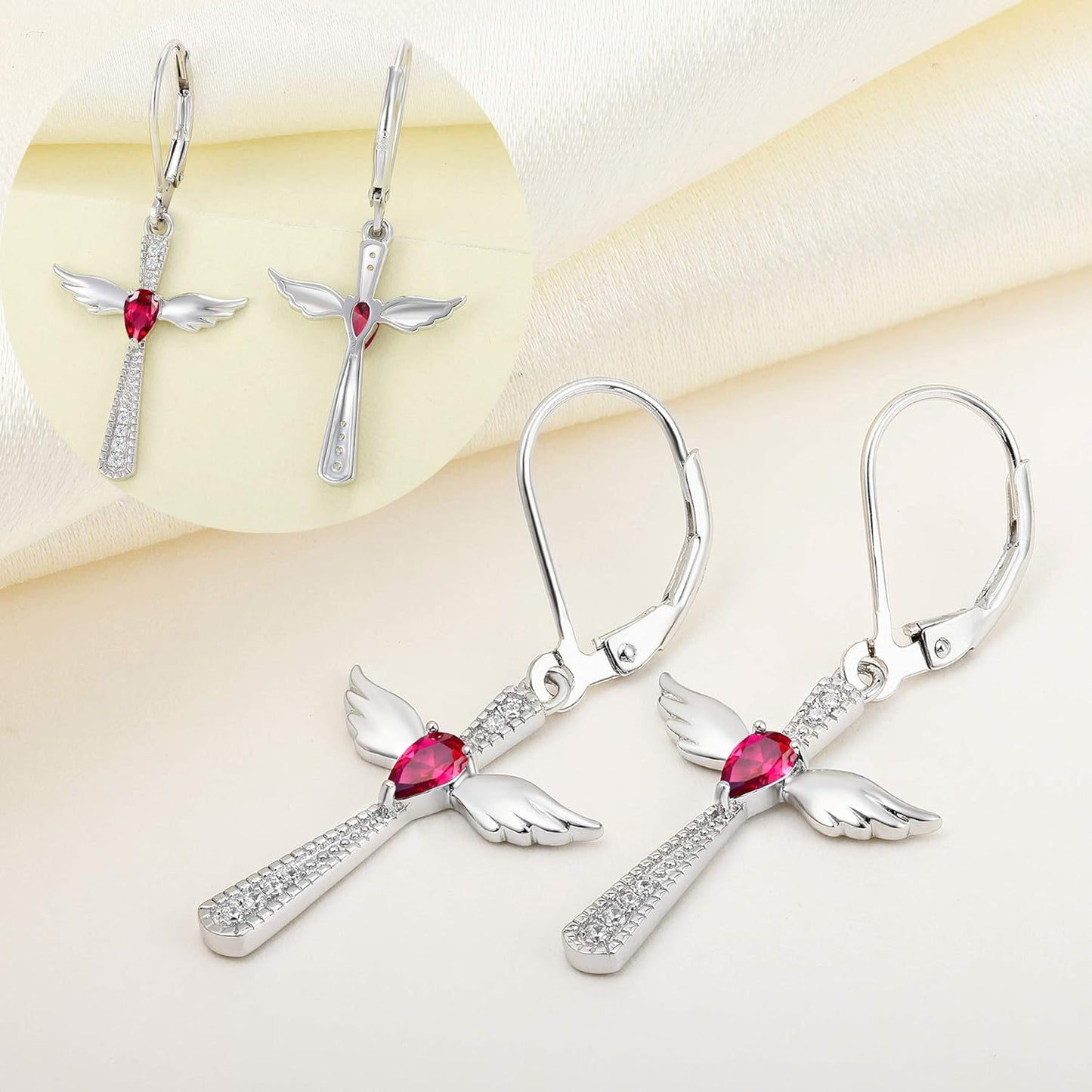 925 Sterling Silver Cross Dangle Drop Earrings Pear Cut Birthstone Angel Wings Leverback Earrings for Women