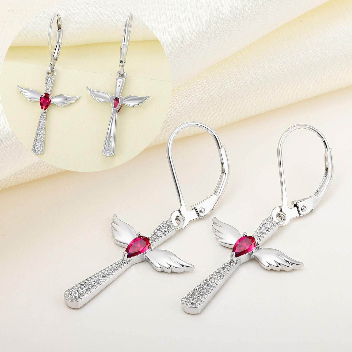 925 Sterling Silver Cross Dangle Drop Earrings Pear Cut Birthstone Angel Wings Leverback Earrings for Women