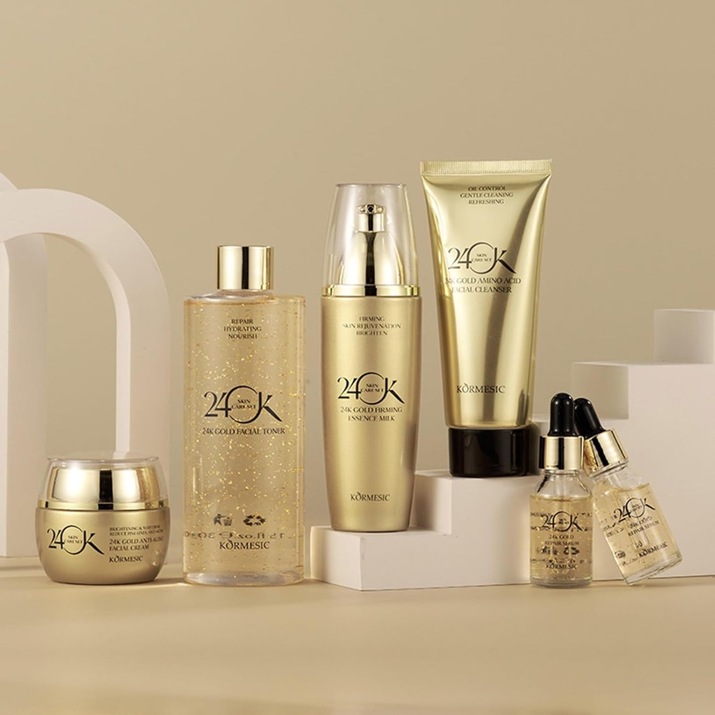 24K Gold Skin Care Set 6-Piece Collection 24K Skincare Set with Facial Cleanser, Face Serum 2Pcs, Eye Cream, Essence Milk, Toner, Anti-Aging Skin Care Kit for Women