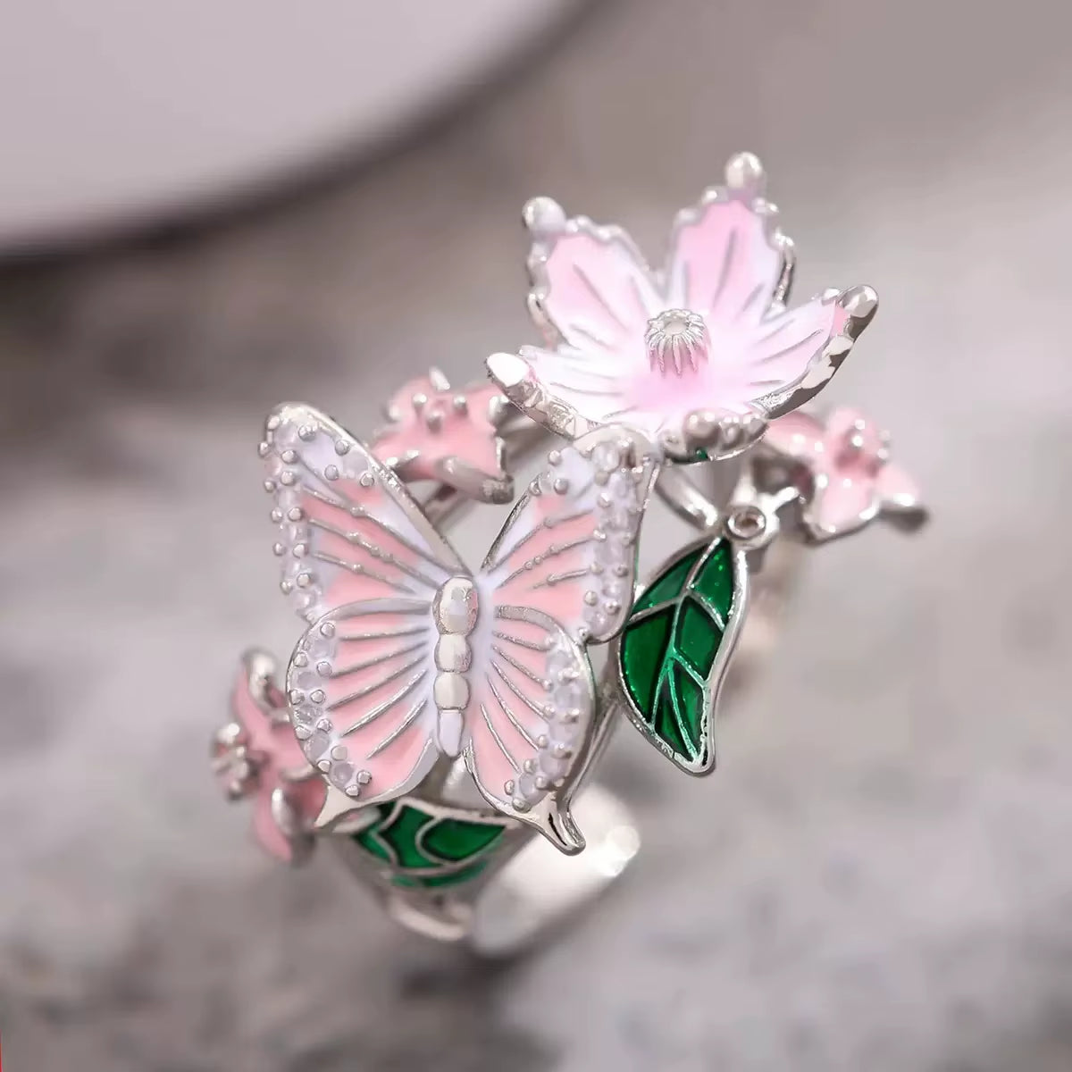 Vintage Oil Drip Ring - Butterfly & Flower Motif with Synthetic Gemstone Inlay, Adjustable Open Band for Daily Wear