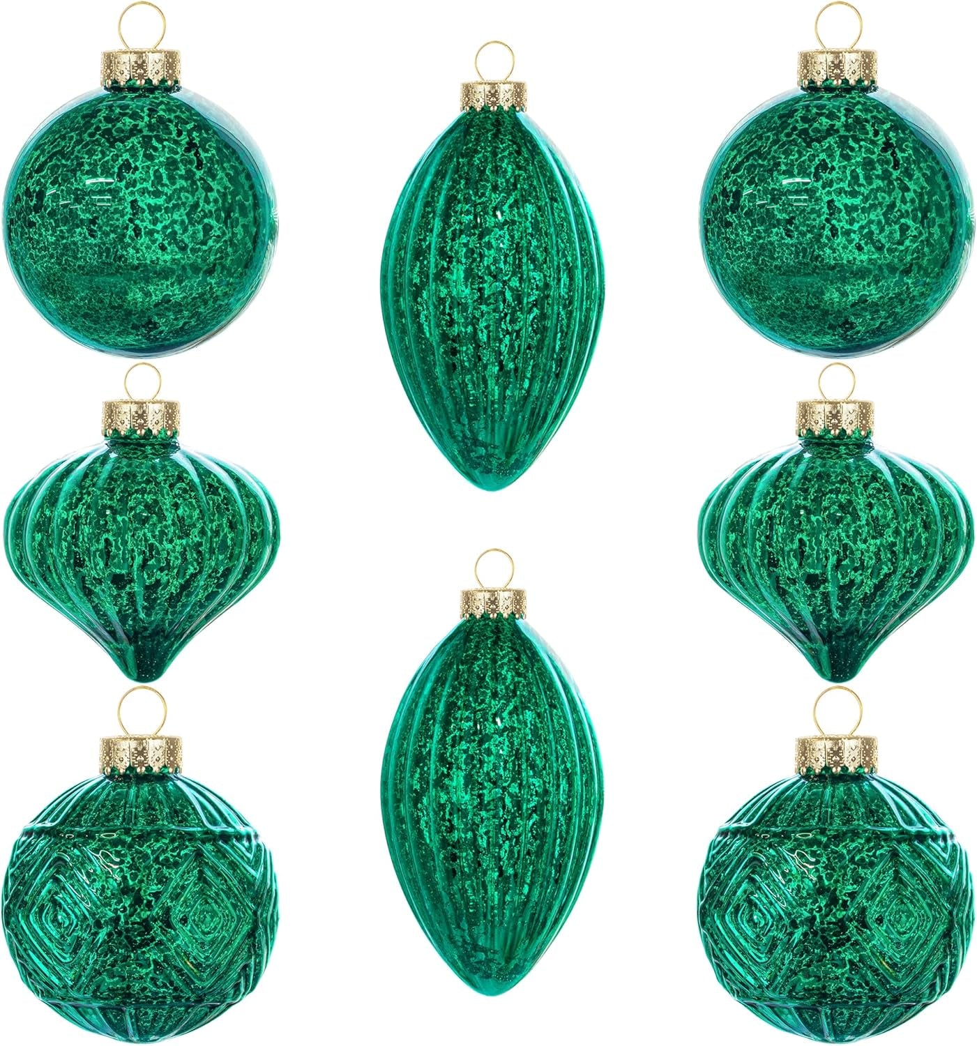 Set of 8 Green Mercury Glass Christmas Ornaments for Holiday Decor