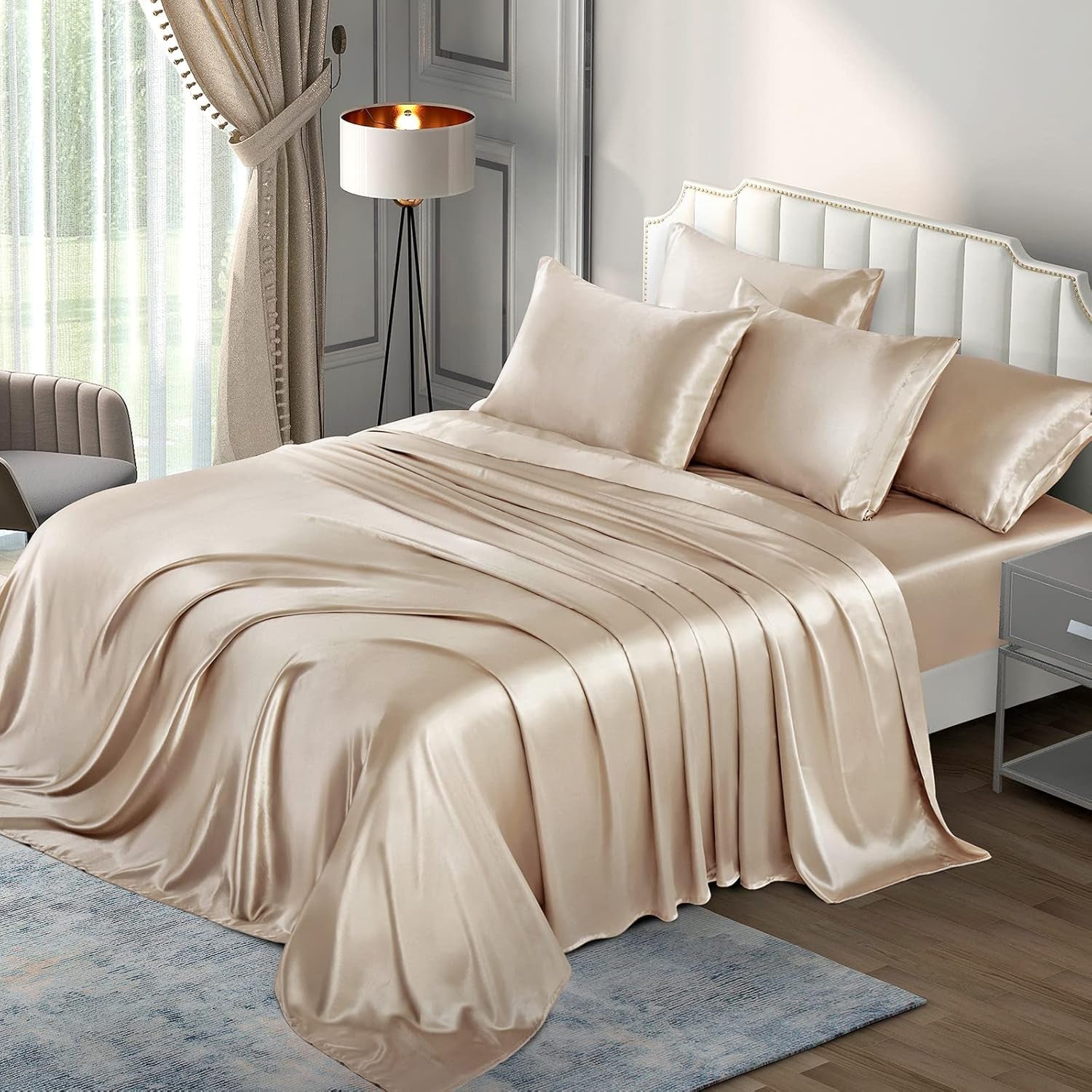 Satin Sheets Full (6 Pieces, Taupe) - Luxury Silky Satin Bed Sheets Full Bedding Set, Extra Soft Satin Sheet Set, 1 Satin Fitted Sheet + 1 Flat Sheet + 4 Pillow Cases