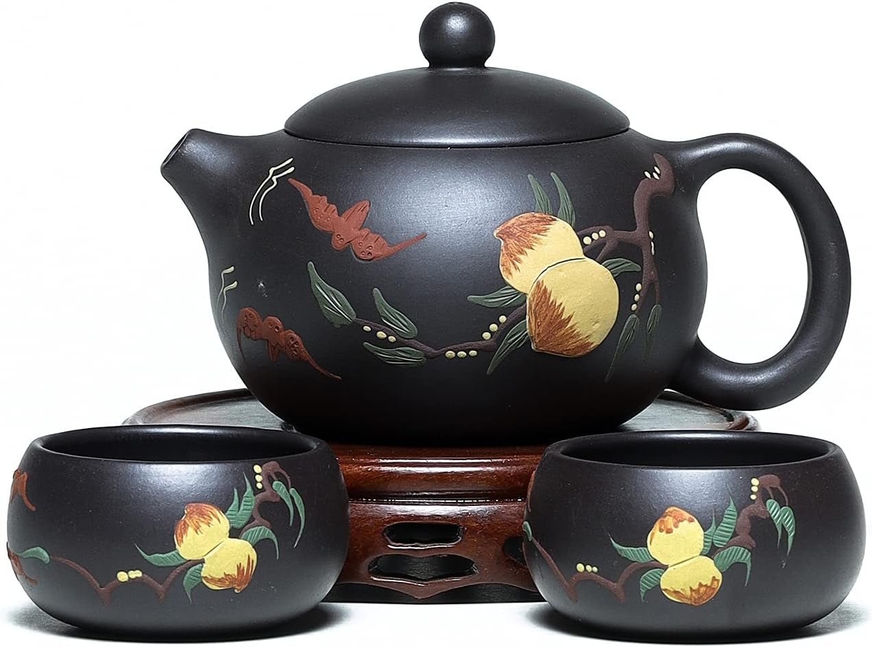 Zisha Tea Pot Set,Genuine Handmade Yixing Purple Clay Teapot 6.8 Oz with 2 Tea Cups,Chinese Brew Kung Fu Tea Set