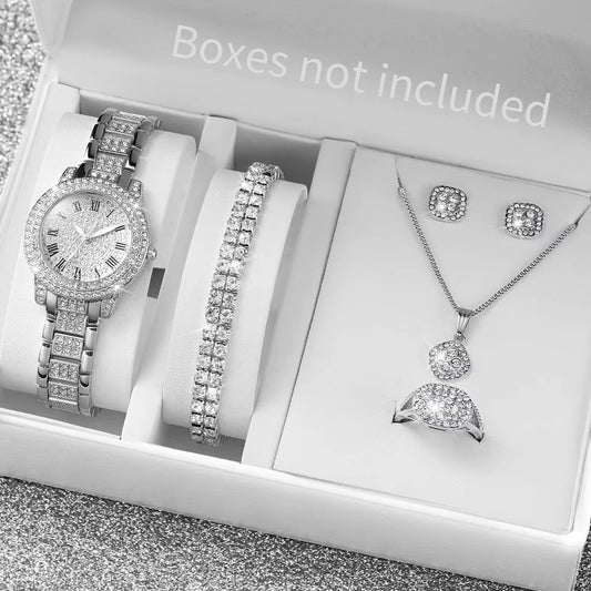 6Pcs/Set Luxury Full Diamond Women Watches Fashion Ladies Quartz Wristwatch Jewelry Set Reloj Mujer（Without Box）