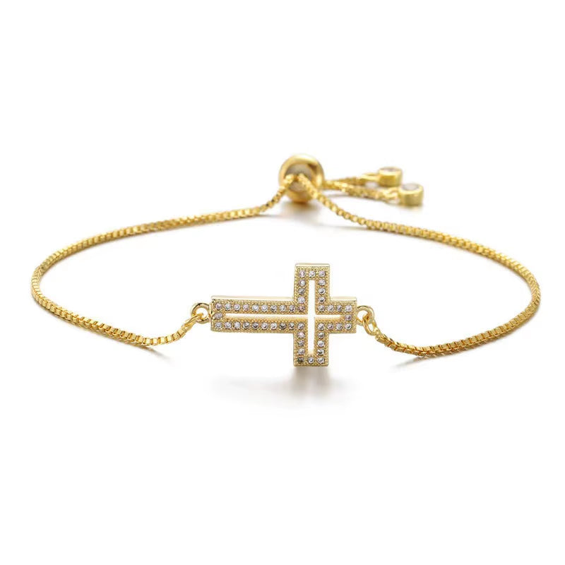 Fashion Copper Zirconia Cross Bracelet Men Women Universal Gold Simple Adjustable Chain Bracelet Party Jewelry