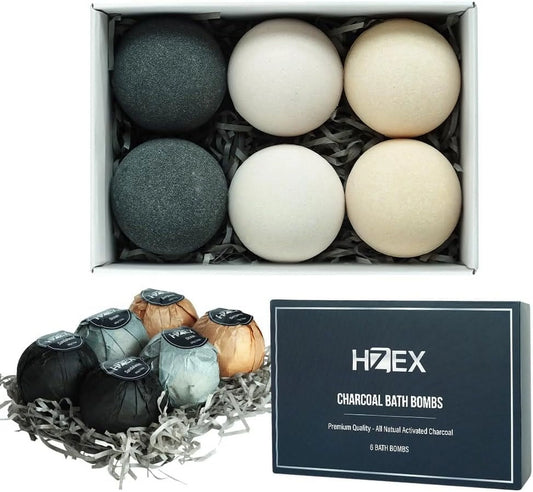 Bath Bombs,  Luxury Charcoal 6 Large Natural Bathbomb Fizzes for Men Women, Organic Bath Bomb with Essential Oils and Shea Butter, Stress Relief and Relaxation, Detox with Charcoal Bathbombs